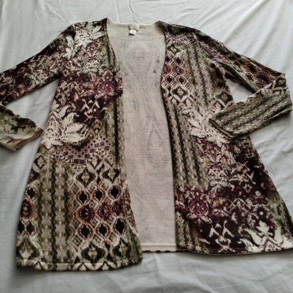CHICO's Cream/Multi-Color Long Sleeve Open Front CARDIGAN Sweater Sz 1 - Picture 2 of 6